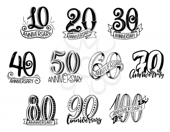 Anniversary numbers year sketch lettering for birthday greeting card design. Vector isolated calligraphy set from 10 to 100 anniversary age numbers with ribbons and flourish retro calligraphy