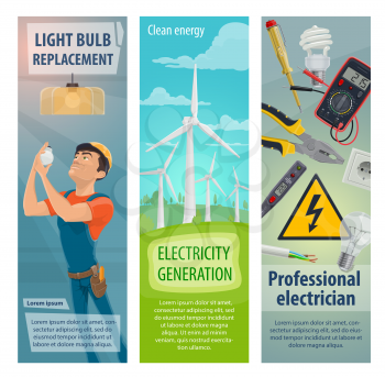 Electrician profession worker and electricity repair work tools banners. Vector electrician man with power electric equipment of electricity socket and light bulb, wires of switcher and ammeter