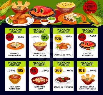 Mexican cuisine traditional food menu price cards. Vector lunch offer design for burrito beans, potato with cheese or alitas de pollo and chilles ressensos, estofado beef soup Mexican steak