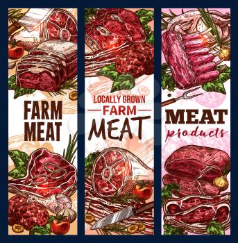 Meat house sketch banners for butchery farm shop. Vector design of meat and sausages cervelat, pepperoni, pork filet or beef steak and brisket or ham bacon with gourmet spices