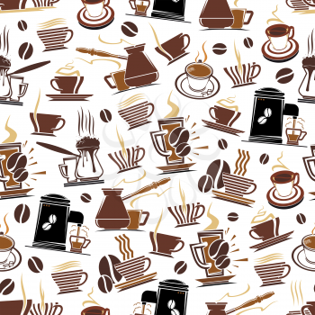 Coffee seamless pattern of coffee cups, makers for cafeteria design. Vector background of coffee beans, hot tea mugs with steam and chocolate drinks pattern for coffeeshop