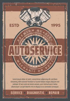 Car auto service station retro poster of motor or engine piston with valves and tire wheel. Vector vintage design for automobile shop or mechanic repair center or car garage station