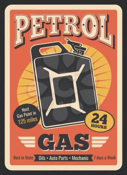 Gasoline station retro poster of gas canister or gasoline jerrycan. Vector vintage design for car service, automobile shop or mechanic repair and oil change garage center or auto spare parts shop