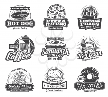 Fast food retro icons of burgers, sandwiches or Italian pizza for cinema bar bistro or fastfood restaurant. Vector menu set of fries, chocolate donut or coffee with soda, hamburger and cheeseburger