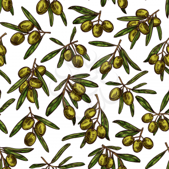 Green olives pattern seamless background. Vector sketch design of green olive fruits bunch and green leaf for olive oil extra virgin product or Italian or Spanish cuisine backdrop design