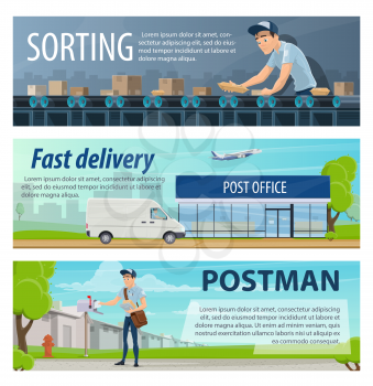 Post mail delivery and postage service banners of post shipping transport and postman at sorting center. Vector flat design of post delivering parcels and letter envelops or shipment cargo transport