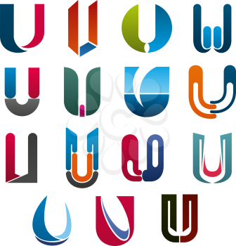 U letter icons templates for technology, industrial, medical or construction and engineering or transportation company. Vector letter U set abstract geometric design and colors for business identity