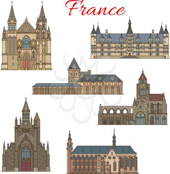 French travel landmark of medieval arcitecture thin line icon set. Roman Catholic Church of St Aubin and St Etienne, Ducal Palace, Jesuit Church, Cathedral of Angers and Vannes