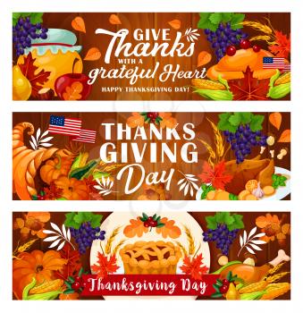 Thanksgiving Day festive card with autumn harvest pumpkin and turkey on wooden background. Cornucopia with vegetable, fruit and pie, adorned by ribbon banner with november holiday greeting wishes