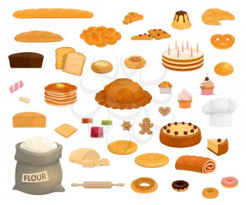 Bread and pastry sweet desserts icons. Bakery product signs of bread, baguette and croissant, toast, cake and bun, donut, cupcake and pie, cookie, waffle and gingerbread, pancake and pretzel