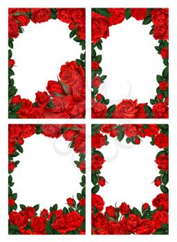 Rose flower frame border for greeting card and wedding invitation template. Red blossom of rose flower wreath with green leaf, floral bud and copy space in center for festive floral decoration design