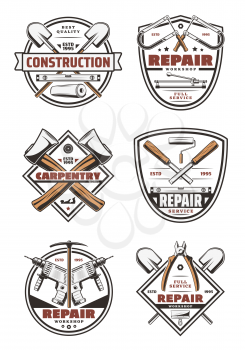 Work tool retro badges for house repair, construction and carpentry service template. Hammer, pliers and saw, drill, axe and shovel, paint roller, ruler and spatula on vintage shield for emblem design