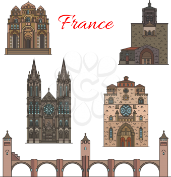 French travel landmarks of famous architecture tourist sights. Roman Catholic Le Puy Cathedral and Cahors Cathedral, stone arch bridge of Valentre and Notre Dame de Clermont thin line icons