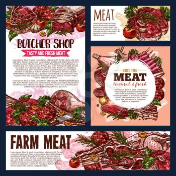 Meat product banners of fresh farm food for butcher shop and bbq restaurant menu template. Beef and pork steak, chicken, ham and bacon, lamb ribs, chop and burger patty sketch design