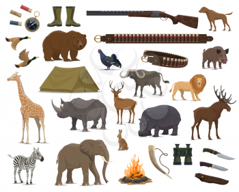 Hunting sport weapon, wild animals and birds. Gun, rifle and knife, duck, dog and deer, african elephant, lion and giraffe, bear, reindeer and elk, rhino, hippo and zebra, boar and hare symbol