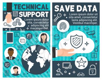 Technical data science technology infographic banners with laptop and smartphone, monitor and lock. Human hand with shield as concept of internet security. Business details, phone and print, monitor