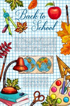 Back to school supplies banner on squared paper. Book, paint palette and ruler, scissors, eraser, lamp and world map sketch poster, decorated with apple and autumn leaves for education themes design