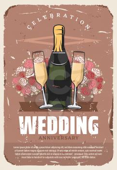 Wedding anniversary celebration party retro invitation template. Bridal bouquet of rose flower with bottle of champagne and glasses vintage banner for greeting card design