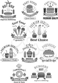 Fast food isolated vector icons set for fastfood restauratn. Symbols of hot dog, frechn fries and ice cream, donut dessert and cheeseburger or french fries with burrito tacos and coffee or soda drink
