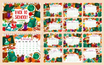 Back to School monthly calendar 2018 template design of copybook, calculator and geometry globe map. Vector month calendar of school bag and lesson stationery pen or pencil with September autumn leaf