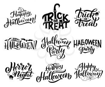 Happy Halloween trick or treat lettering for october holiday greeting cards design. Horror night party invitations with hand drawn calligraphy, decorated by bat, spider, black cat and witch hat