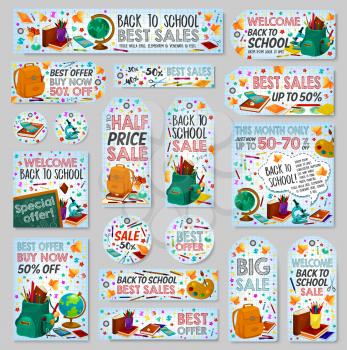 Back to School sale poster, banner and shop tag for stationery shop discount offer. Vector sale template for education season biology lesson book, school bag, geography globe or mathematics calculator