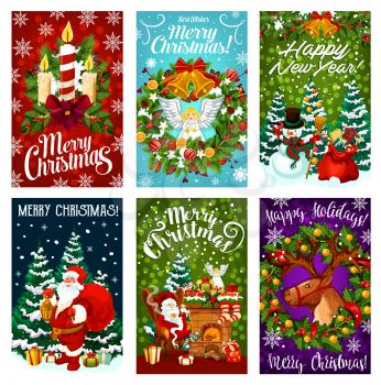 Merry Christmas and Happy New Year greeting card. Santa Claus and snowman with gift and Xmas tree wreath winter holidays festive banner with snowflake, X-mas bell, reindeer, candy and ribbon bow