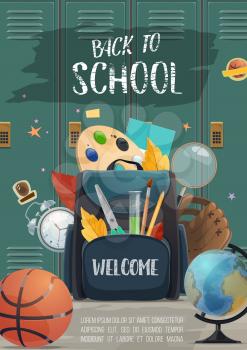School lockers with backpack full of student supplies banner for Back to School concept. Pencil, book and pen, ruler, globe and paint, brush and office stationery for education poster design