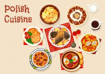 Polish cuisine icon with meat and vegetable dish. Cabbage stew with sausage and bacon, potato pancake and dumpling, meat cabbage roll, baked carp fish, sausage soup with egg and honey cake with cream