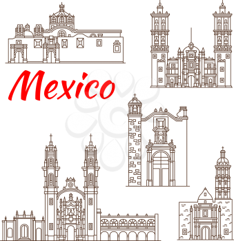Travel landmark of mexican architecture thin line icon. Roman Catholic Puebla Cathedral, Church of Ocotlan and Santa Rosa Cathedral, Chapel of the Rosary, Church of Santo Domingo for tourism design