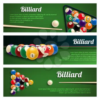 Billiards sport game banner set for snooker and pool billiard design. Green billiard table with ball pyramid, cue and triangle 3d poster for cue sports competition and pool room flyer design
