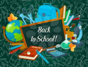 Back to School poster of school bag and lesson stationery chalk pattern on green chalkboard. Vector book or notebook and mathematics calculator, pen or pencil and September autumn maple leaf
