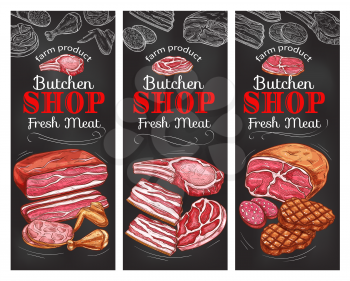 Fresh meat product of butcher shop chalkboard banner set. Sausage, beef and pork brisket, ham, bacon and grilled steak, salami, chicken wing and leg chalk sketch for meat store food packaging design