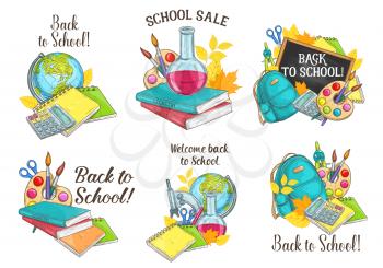 Welcome Back to School icons of lesson stationery, book, pen or pencil and autumn maple or rowan leaf and chalkboard. Vector set of school supplies for September seasonal school sketch design