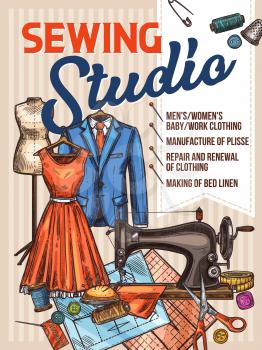 Atelier tailor or sewing studio retro sketch poster for dressmaker modiste salon. Vector deign of sewing machine, dress on dummy, scissors and tape measure, textile clothes, threads and needles