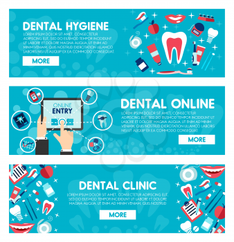 Online dental clinic web banners for dentistry medicine or dental healthcare. Vector design of dentistry treatments and orthodontic medical tools, tooth, toothpaste or toothbrush and implants