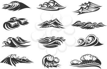 Waves of ocean water line icons set of sea tide splashes. Vector isolated tidal gales, marine waves or stormy tide with splashing flows and surfs of windy storm streams