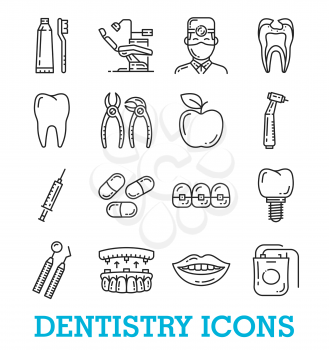Dentistry medical thin line art icons. Vector set of dental drill for tooth, braces and implants or pliers with orthodontic chair and doctor or nurse, smile and toothbrush with toothpaste