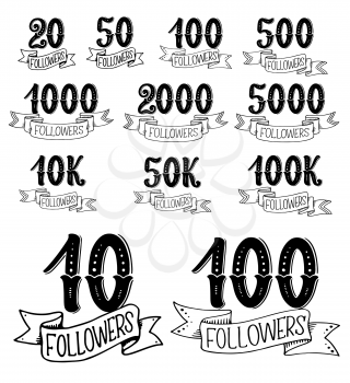 social net followers numbers in lettering. Vector calligraphic text of form ten to thousand social account followers in doodle sketch with ribbons and flourish retro calligraphy