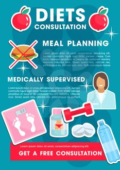 Medical diets consultation poster for meal planning and food nutrition or obesity prevention. Vector design of dietetics clinic doctor or nurse, weight loss pills and scales or fitness sport dumbbells