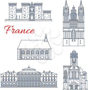 France landmarks and famous historic architecture buildings and castles of Angers. Vector thin line facades of Trinite or Saint Trinity church, Ronceray abbey, Saint Maurice cathedral and Rennes opera