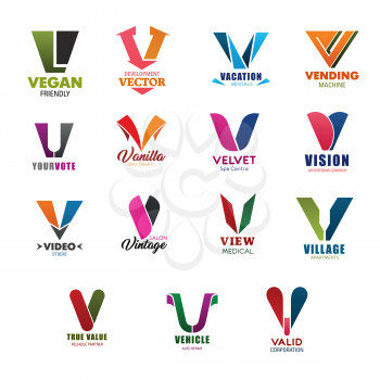 Letter V icons for business in technology, banking and commerce industry. Vector symbols of letter V for vegan food, medical clinic or trade and investment corporation