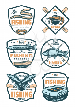Fishing sport retro badges for sport club, fish trade, fishing store and tournament design. Fish catch, fisherman bait and tackle vintage shields, decorated with rod, hook and boat, paddle and star