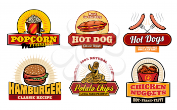 Fast food restaurant and cafe labels with lunch snack. Hamburger, hot dog and french fries, chicken nuggets, popcorn and potato chips retro badges for takeaway food packaging and fastfood menu design
