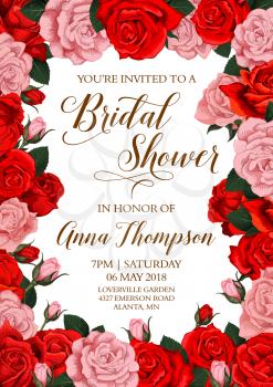 Bridal shower invitation with floral frame border. Red and pink rose flower bouquet and blooming garden plant wreath for wedding celebration party invite card design