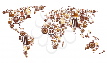 World of coffee poster with map of hot drink cup. Coffee pot, grinder and mug of espresso, cappuccino and latte beverage, bean and saucer brown symbol in a shape of continent for cafe menu design