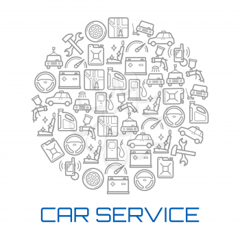 Car service poster with circle of auto repair shop and transportation thin line symbol. Car, wheel and tire, motor oil, car wash and speedometer, fuel station, buttery, piston and spark plug icon