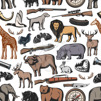 Hunting sport seamless pattern background with hunter rifle and wild animal. Weapon, gun and duck, deer, shotgun and compass, bear, lion and antler, dog, knife and huntsman ammunition backdrop design