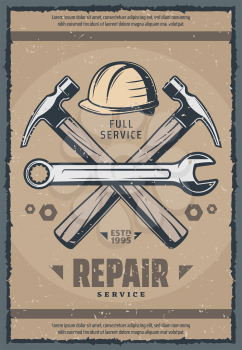 House repair service retro banner with grunge construction and carpentry work tool. Vintage hammer, wrench or spanner and hard hat old promo poster for home renovation company design