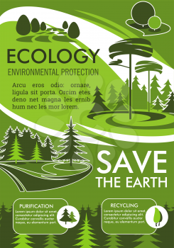 Ecology and environment protection banner for Save the Earth design. Recycling, purification and nature conservation eco technology poster with green tree landscape for ecology sustainable development